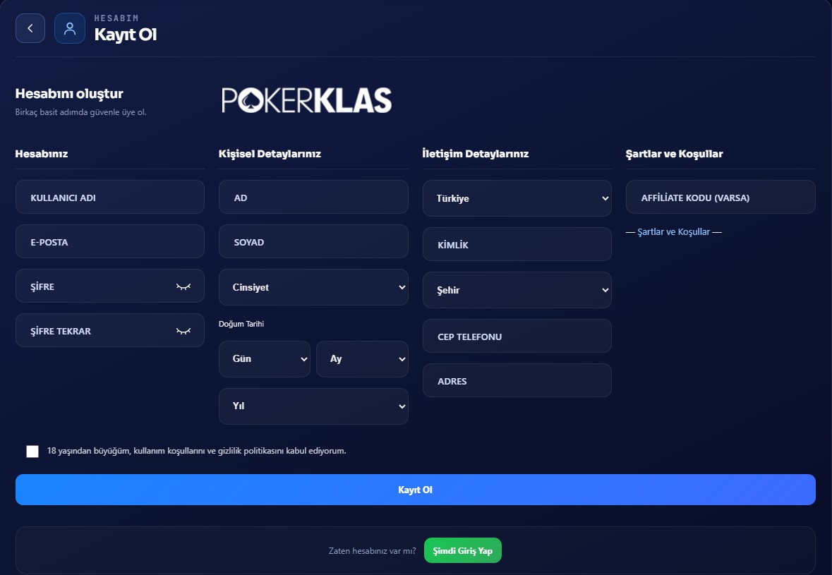 Pokerklas üyelik işlemleri
